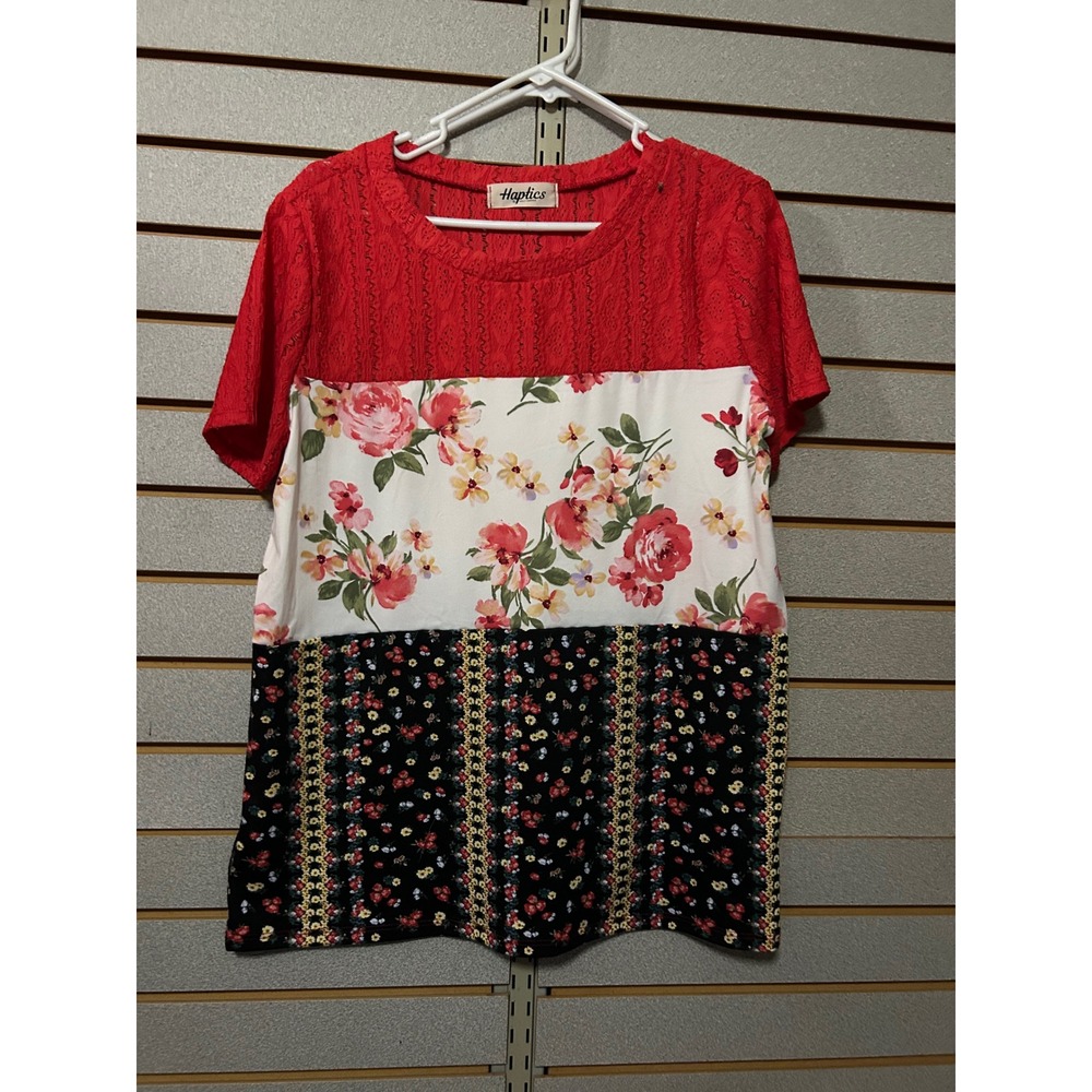 Haptics by Holly Harper Red Lace Floral Colorblock Short Sleeve Top Large Shabby